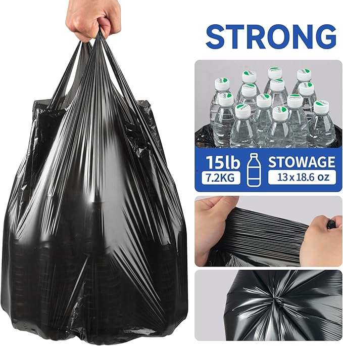 Small Trash Bags with Handles 2.6 Gallon 50 Count Black - Ocean Plastic Upcycling - Plastic Garbage Bags, Can Bin & Waste Basket Liner for Kitchen, Bathroom, Office and Pets