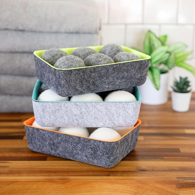 Three by Three Seattle Felt·Like·it!™ Wool Dryer Balls + Storage Bin: Reduce Drying Time, Static Cling, and Energy Use | Natural Alternative to Fabric Softeners (Pack of 6)