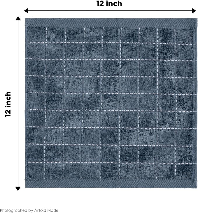 Artoid Mode Checkered Designed Cotton Grey Terry Kitchen Dish Cloths, 12x12 Inch Soft Absorbent Quick Drying Cleaning Kitchen Rags Set of 6