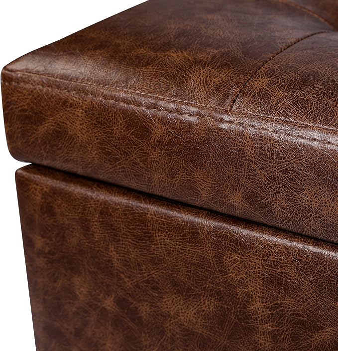 Adeco 18" Storage Ottoman Foot Rest Stool, Walnut Leather Ottoman with Black Solid Wood Legs and Hinged Lid, Small Foot Stool for Living Room, Bedroom