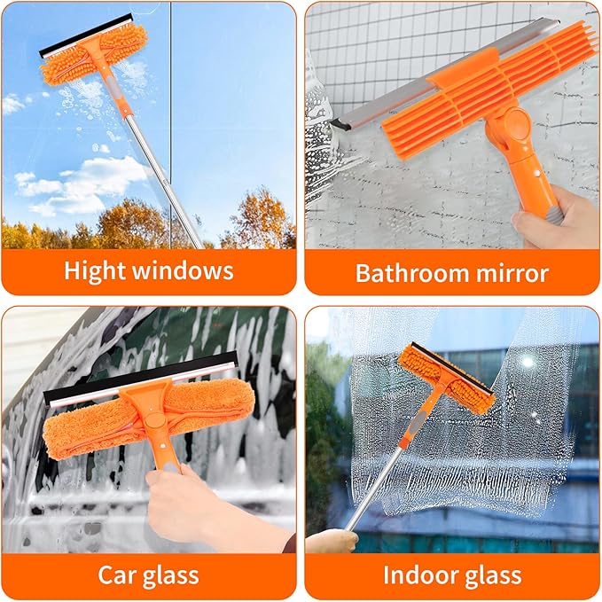 Professional 72'' Window Squeegee Cleaning Washing Tool/Kit with Extension Pole, 3 in 1 Squeegee for Window Cleaning Kit for High Window with 1 Rotatable Head 4 Interchangeable Scrubber