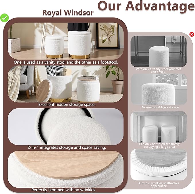 Royal Windsor Boucle Round Ottoman with Storage Set of 2, Vanity Stool with Storage for Bedroom, Ottoman Coffee Table Gold-Tone Ring Around The Base, Small Foot Stool for Living Room, White