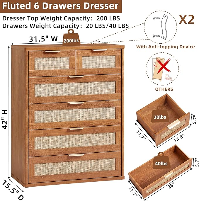 LEYAOYAO Rattan Dresser for Bedroom Set of 2, 42" Tall Chest of Drawers, Modern 6 Drawers Boho Dressers with Storage, Vintage Brown Dresser Wooden Closet Organizer for Living Room, Hallway