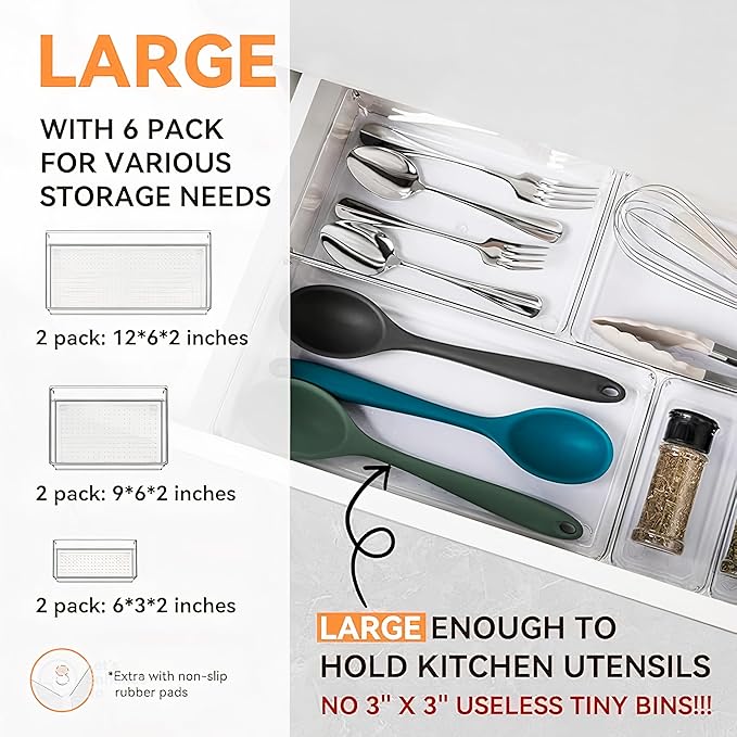 6 Pack Large Clear Plastic Drawer Organizer Trays – Non-Slip Storage Bins for Kitchen Utensils, Makeup, Jewelry, Bathroom, and Office Desk – Multi-Use Plastic Drawer Dividers for Home Organization