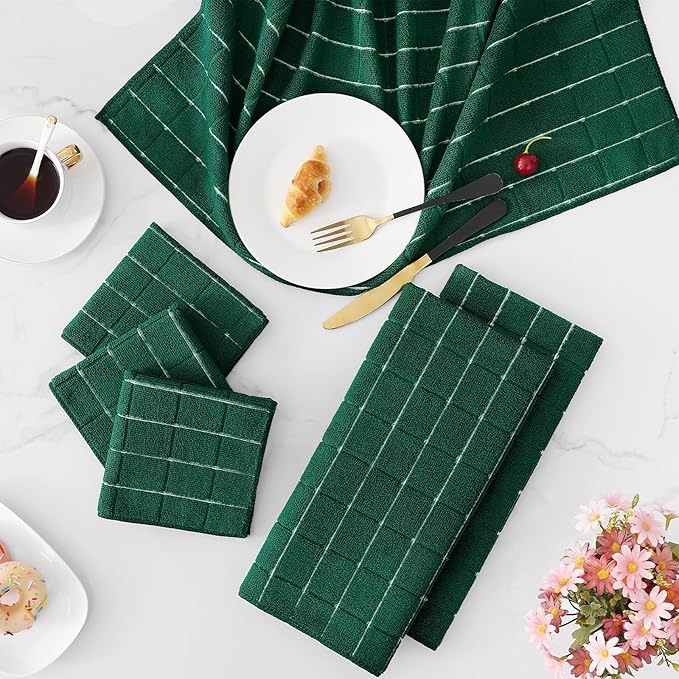 Homaxy Microfiber Kitchen Towels and Dishcloths Set, 12 Pack Soft and Absorbent Dish Hand Towels Bulk, 28 x 16 Inch & 12 x 12 Inch Quick Drying Rags for Washing Dishes, Dark Green
