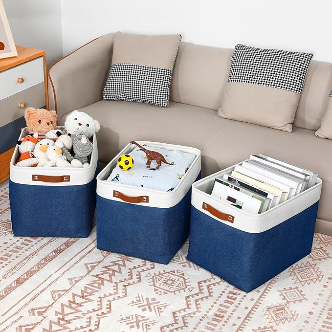 DULLEMELO Large Storage Baskets, Fabric Storage Bins for Organizing Foldable Linen Shelf Baskets for Clothes, Toys, Closet, Laundry (White&Blue,16"x12"x12"-1 Pack)