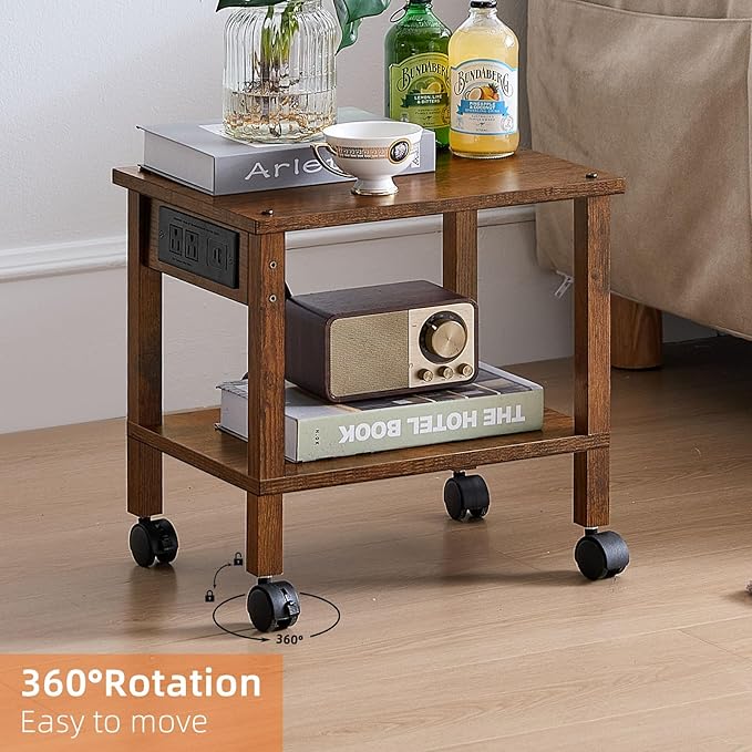 Lerliuo Under Desk Printer Stand with Charging Station, 2 Tier Wooden Small Printer Table with Storage, Rolling Printer Cart Shelf with Lockable Wheels for Home, Office (Brown)