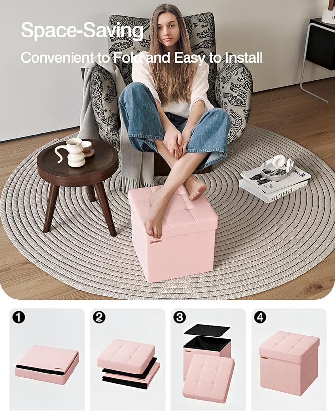 Folding Storage Ottoman, Velvet Storage Bench, Footrest, Footstool, for Living Room, Bedroom and Office,15 x 15 x 15 Inches, 300 kg Load Capacity,Jelly Pink,UASND04P
