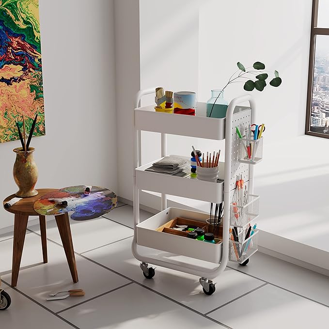 DESIGNA 3-Tier Rolling Cart, Utility Cart with Handle, Extra 3 Storage Accessories, Removable Pegboard, Easy Assembly Craft Carts for Kitchen, Bathroom, Office, Metal, White