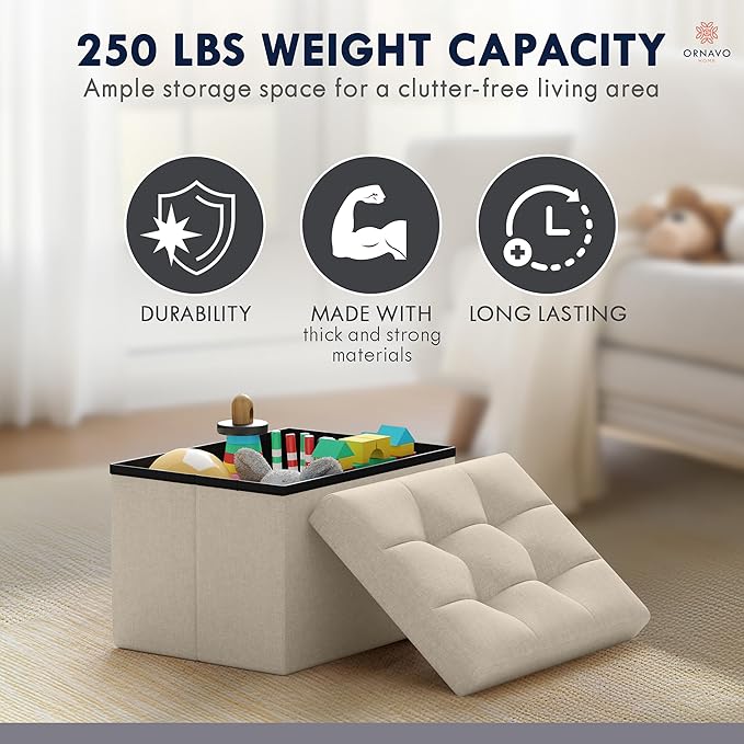 Ornavo Home Small Storage Ottoman Foldable Collapsible Rectangle Linen Ottoman Foot Rest Stool Seat, for Living Room, Bedroom, Home Office, Dorm - 12 x 16 x 12, Beige
