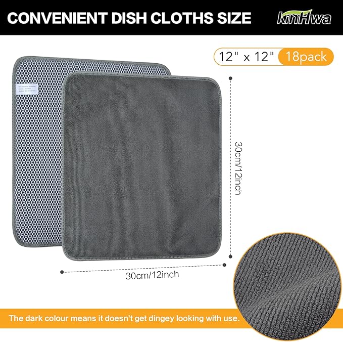 KinHwa Kitchen Washcloths for Dishes Absorbent Microfiber Dish Cloths Quick Dry Dish Rags with Poly Scour Scrub Side Ideal for Kitchen Cleaning (Gray, 12inchx12inch 18 Pack)