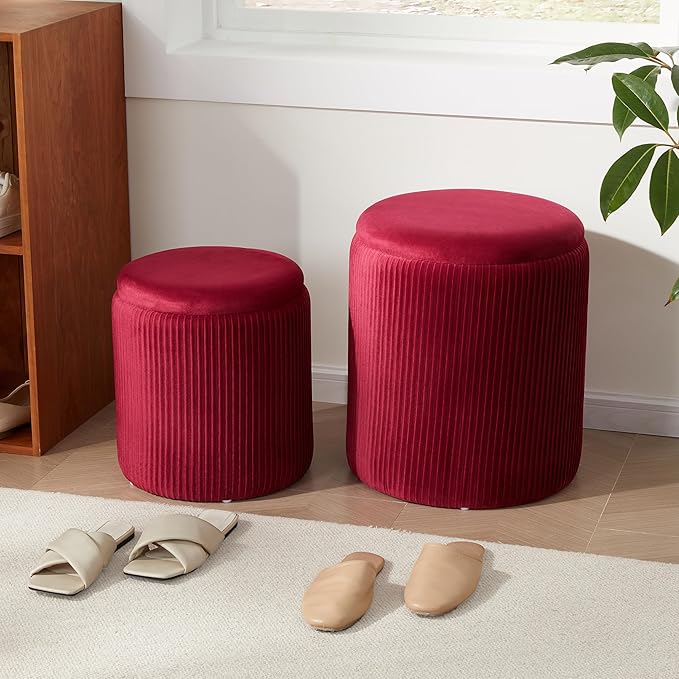 Royal Windsor Round Ottoman with Storage Set of 2,Vanity Stool with Storage for Bedroom, Ottoman Coffee Table,Small Velvet Foot Stool for Living Room, Burgundy