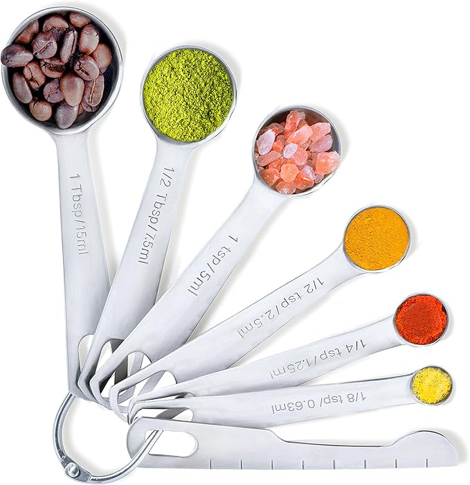 BALCI - 6 Measuring Spoons, Heavy Duty 18/8 Premium Stainless Steel Measuring Spoons Set, Spoons with US and Metric Measurements, Set of 6 + Leveler, Measuring tools for Dry and Liquid Ingredients