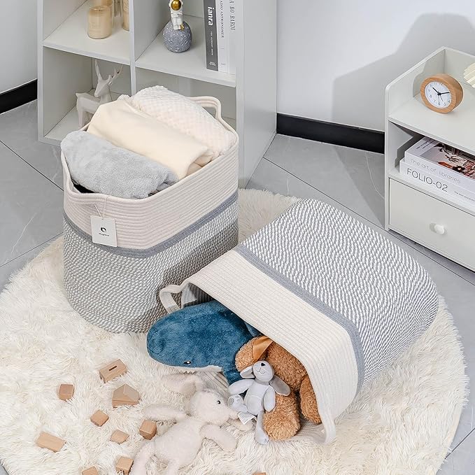 Storage Baskets for Clothes Fabric Cotton Rope Storage Basket with Handles, Decorative Woven Basket for Living Room,Closet Organizer Blankets, and 2bags (White/Gray, L17.8×W12.5×H17.9)