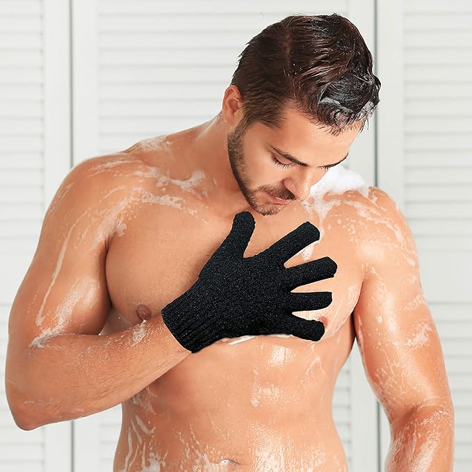 Bath Exfoliating Gloves - 4 Pcs Lengthened and Large Scrubbing Gloves for Shower, Spa, Massage - Scrub Mitts for Body, Face, Hand and Foot (Black and Gray)