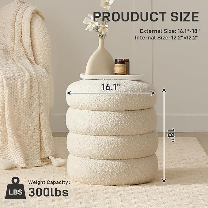 Round Ottoman with Storage Boucle Ottoman Stool with Storage Removable Lid for Living Room Modern Vanity Sorage Stool Foot Rest Bedroom Dorm Gift Set of 1 (White)