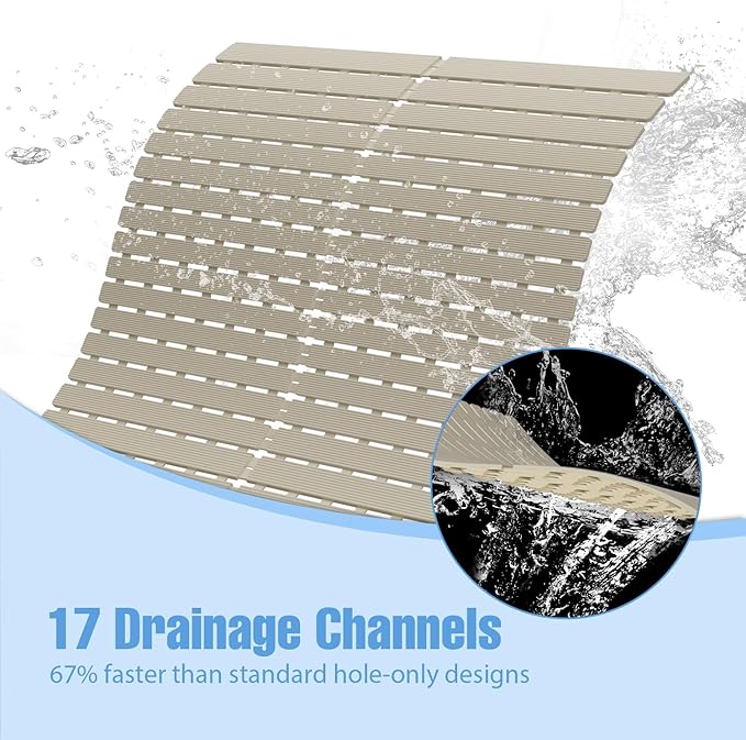 Shower Mat Non-Slip Bath Mat for Tub Floor & Stall with 200+ Suction Cups & Drain Holes, Quick Dry Machine Washable Bathtub Mat, Safe for Elderly& Baby, Bathroom Essentials 24x24 Inch (Light Brown)