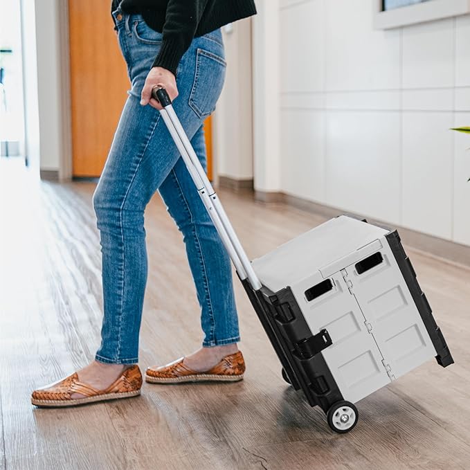 CleverMade Collapsible Wheeled Crate with Lid, 2-Wheels – Stable Rolling Crate with Handle and Large Wheels for Fragile Items, Heavy Loads and Easy Storage - 35L and 75lb Capacity, Black/Cream