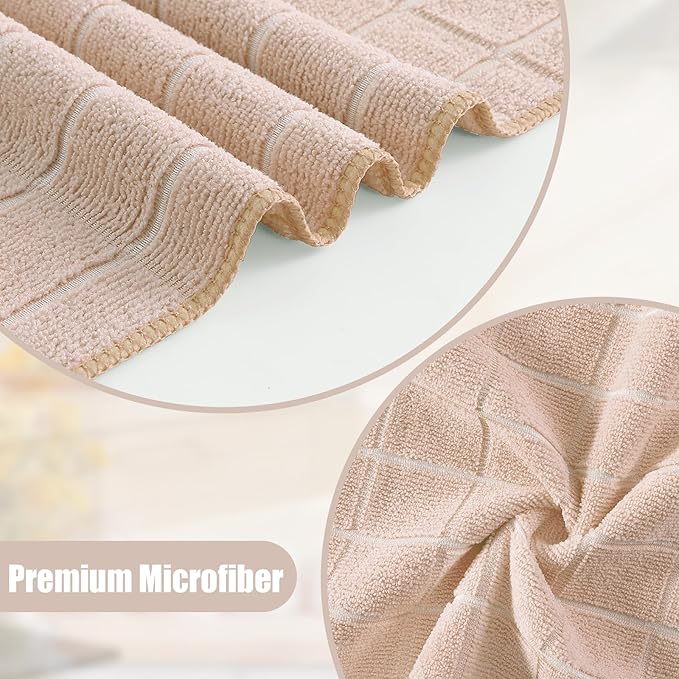 Homaxy Microfiber Kitchen Towels and Dishcloths Set, 12 Pack Soft and Absorbent Dish Hand Towels Bulk, 28 x 16 Inch & 12 x 12 Inch Quick Drying Rags for Washing Dishes, Beige