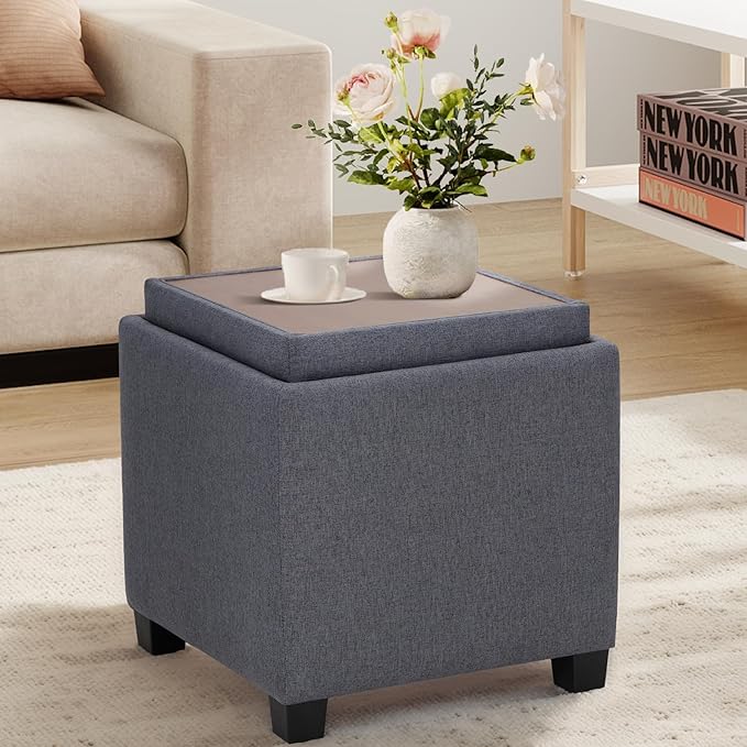 COLAMY Fabric Square Storage Ottoman with Reversible Tray Lid – Multi-Functional Footrest, Hidden Storage, Sturdy & Stylish Small Coffee Table for Living Room, Bedroom, or Entryway(Grey)