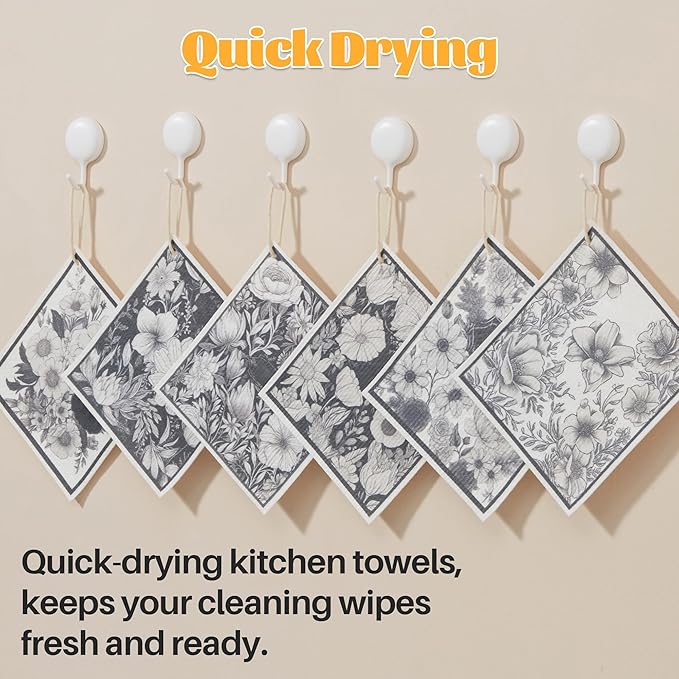 JOYMOOP 12 Pack Decorate Cleaning Cloth (Black White of Decorative Series), Reusable Absorbent Dish Towels, Non-Scratch Washable Rags for Cookware, Kitchen and Household Cleaning - 6.7×7.9 inch