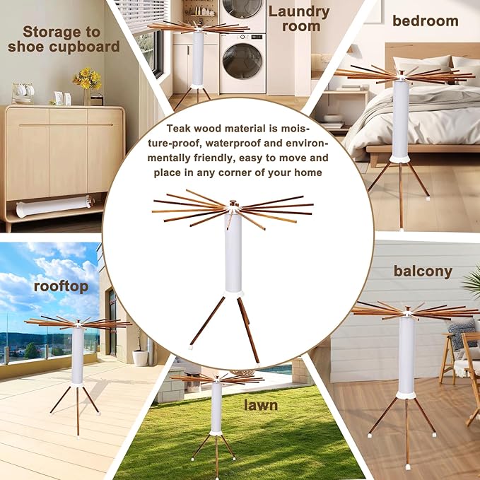 Portable Teak Tripod Clothes Drying Rack, Foldable Space-Saving Design, 16 Waterproof Teak Wood Drying Rods