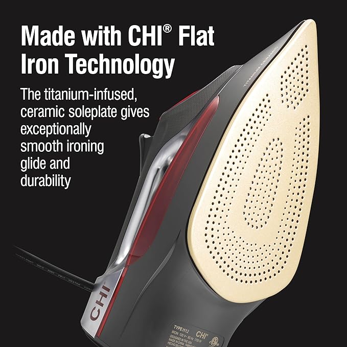 CHI Steam Iron for Clothes with 8’ Retractable Cord, 1700 Watts, 3-Way Auto Shutoff, 400+ Holes, Professional Grade, Temperature Control Dial, Titanium Infused Ceramic Soleplate, Silver (13106)