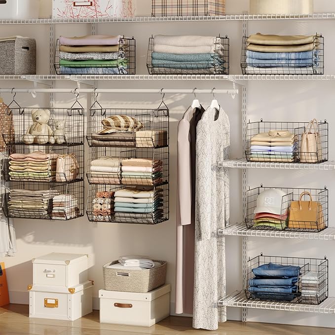 3 Tier Closet Hanging Shelves with Divider, Extra Large Closet Organizers and Storage, Clothes Hanging Organizer Clothing Sweaters Handbags Clutches Accessories