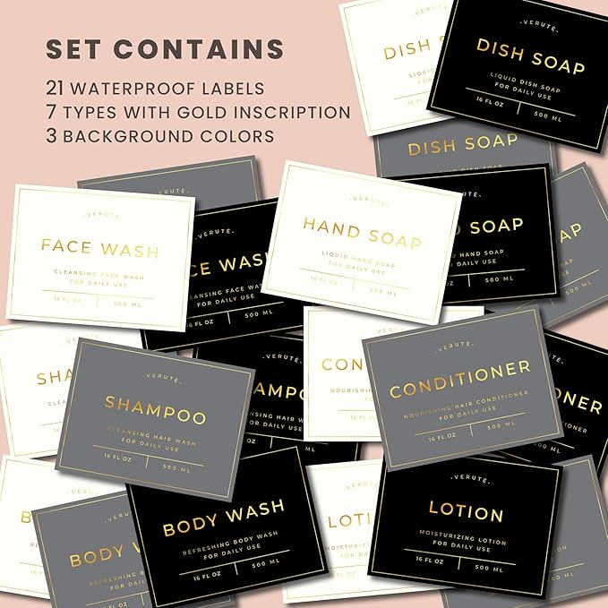 16oz Glass Soap Dispenser with Stainless Steel Pump, 21 Waterproof Labels, Non-Slip Protective Silicone Pad, Set of 2 for Bathroom & Kitchen (Matte Black Bottle/Brushed Gold Pump)