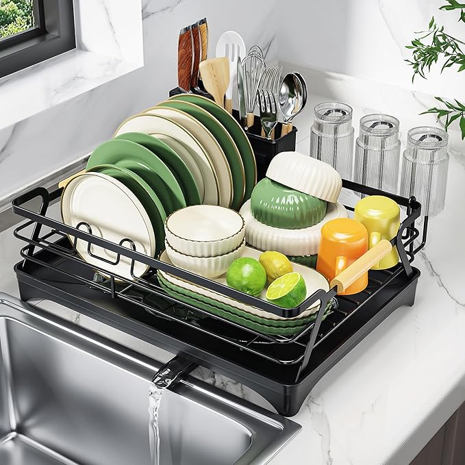 Epicano Dish Drying Rack for Kitchen Counter,Space-Saving Dish Rack,Rustproof Dish Drainer with Utensil Holder and Knife Slots for Sink,Kitchen Drying Rack with Wooden Handle and Cup Holder, Black