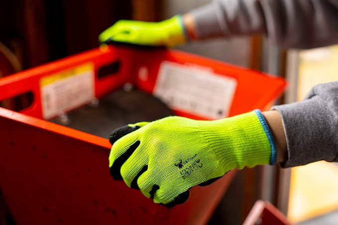 G & F Products G & F 1516 12 Pairs Pack Premium High Visibility Work and gardening Gloves for Men and Women. MicroFoam Textured Coated Palm and Fingers Gloves for Gardening Work, Size Small, Green