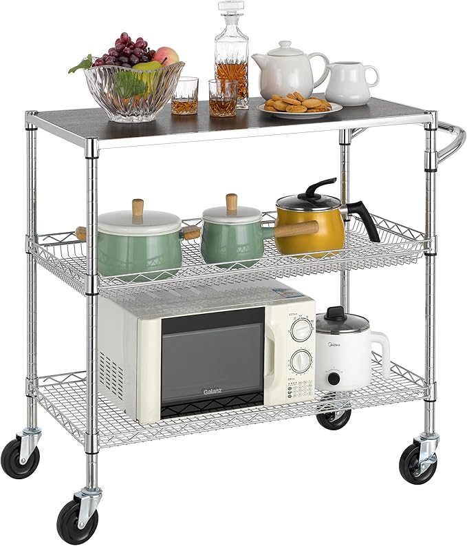 Finnhomy 3 Tier Heavy Duty Commercial Grade Utility Cart with Wood Top, Wire Rolling Cart with Wheels and Handle Bar, Kitchen Carts on Wheels, 18x36x35.4 H Metal Cart with 600 LBS Capacity, Chrome