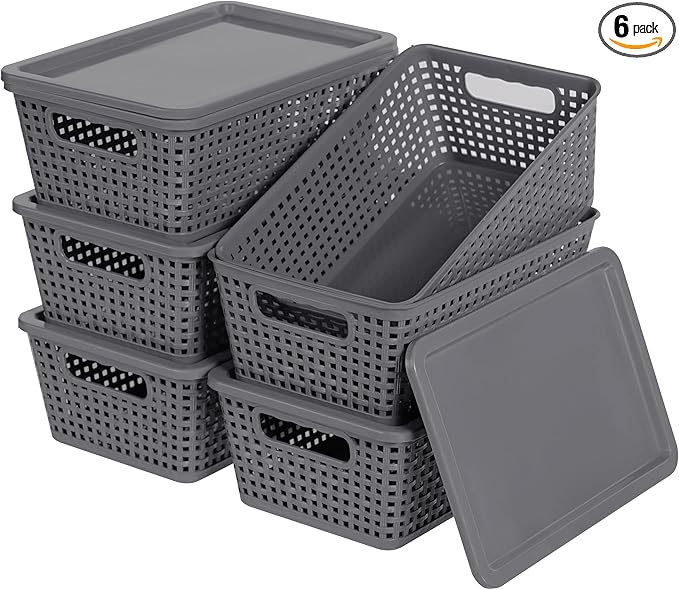 Plastic Storage Baskets With Lid, Storage Bins for Organizing, Stackable Decorative Containers for Shelves Drawers Desktop Closet Playroom Classroom Office, 6 Pack-Grey