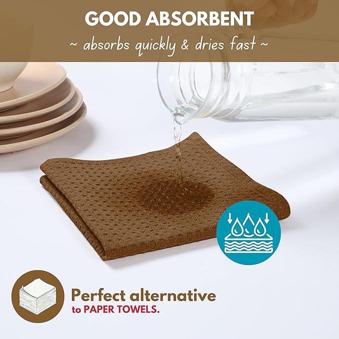 Native Fab Waffle Weave Dish Towels 12 Pack 100% Cotton, 16x26 Inches, Super Absorbent, Quick Dry, Waffle Knit Dishcloths with Hanging Loop, Washable for Kitchen Cleaning, Drying Dishes, Brown