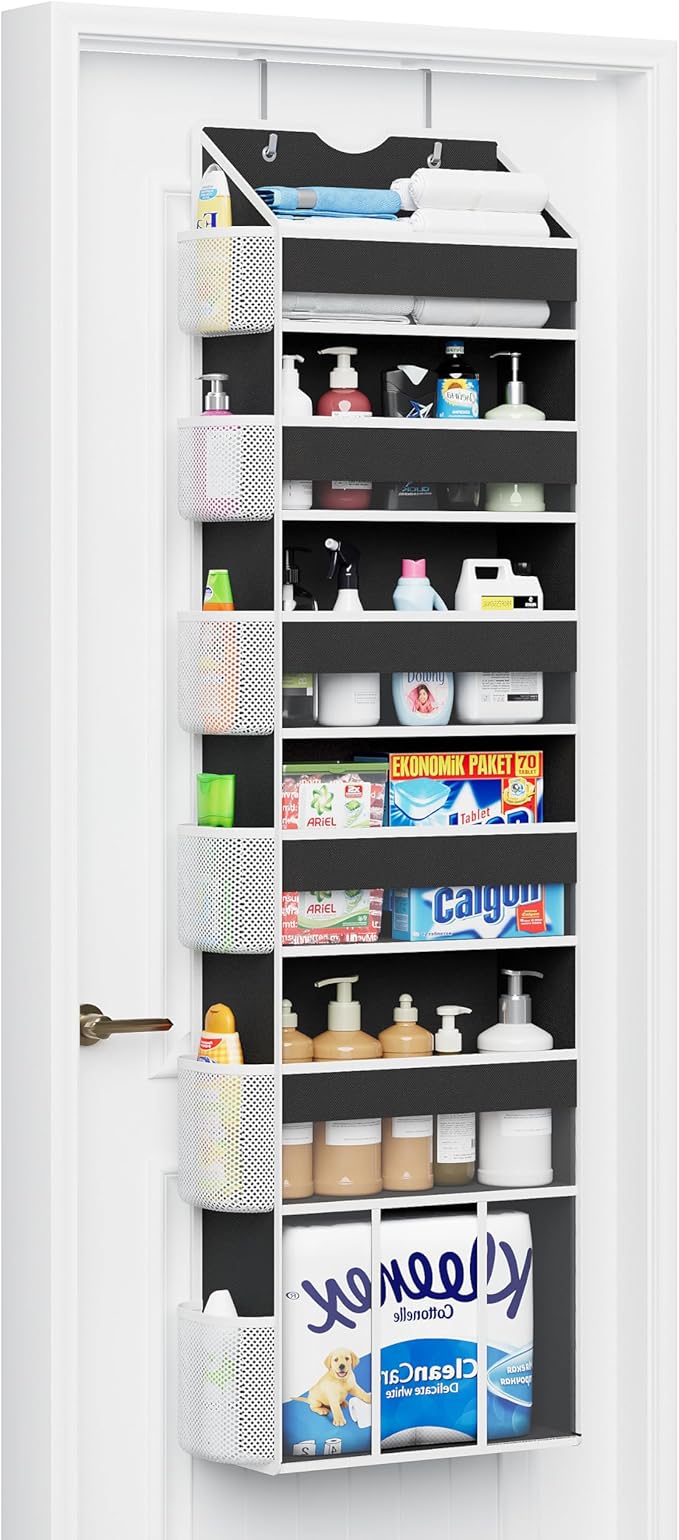 Over The Door Organizer Hanging - 6 Shelf Over Door Organizer with 6 Clear Front & 12 Side Pockets - 50LB Load Behind Storage for Closet Bedroom Bathroom Nursery Baby Essentials(Black)