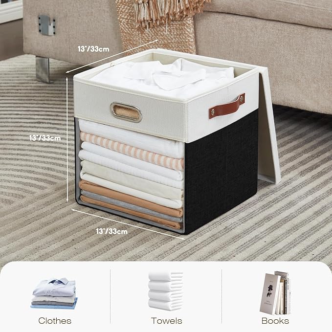 Fabric Storage Cubes with Clear Windows and Lids, 13'' Foldable Storage Bins with 3 Handles, Decorative Storage Boxes for Home, Bedroom, Closet, Office (Balck & White)