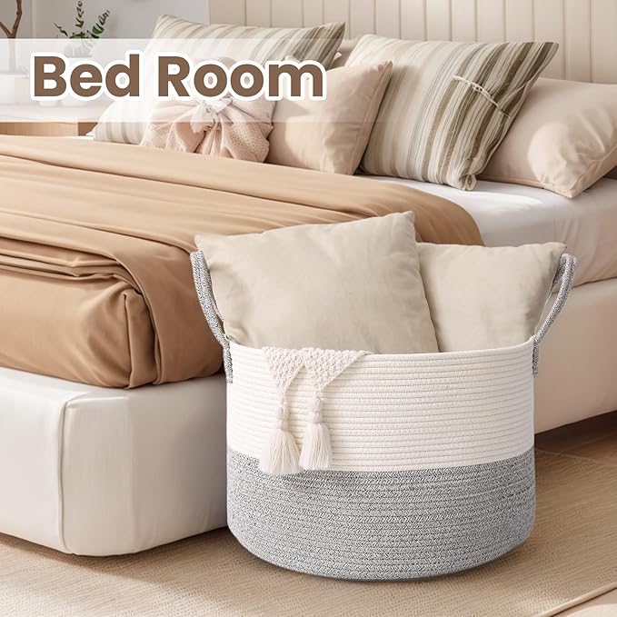 Woven Blanket Basket,115L Large Rope Storage Bin with Handles, Organizer for Blankets Toys Book and Clothes, Laundry Basket for Living Room Bedroom Nursery,White&Grey