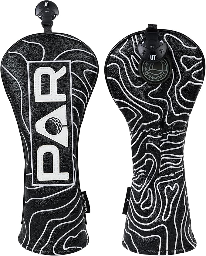 Big Teeth Golf Club Covers Full Set Driver Headcover Fairway Wood Hybrid Golf Club Iron Head Covers, Topographic Edition Putter Cover Leather Golf Head Covers Pure Black, Gifts for Men