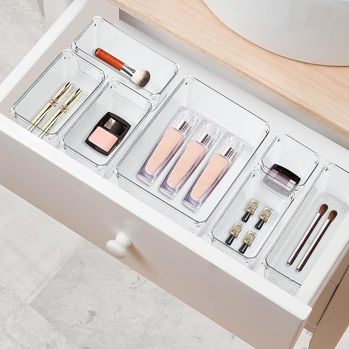 Ravinte 6 Pack Drawer Organizer - 3" X 6" Plastic Storage Bins, Acrylic Organizers with Non-Slip Pads Clear Desk Storage Tray for Makeup, Jewelries, Kitchen Utensils, Bathroom and Office