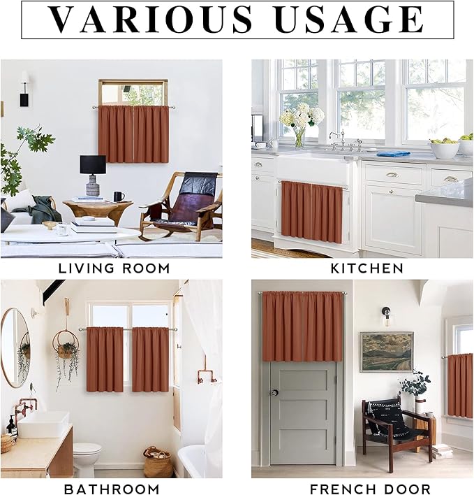 RYB HOME Orange Short Curtains Blackout, 45 inch Durable Cafe Curtains Room Darkening Window Drapes Privacy Protection for Basement Closet Kithen, W29 x L45 inch, 2 Panels