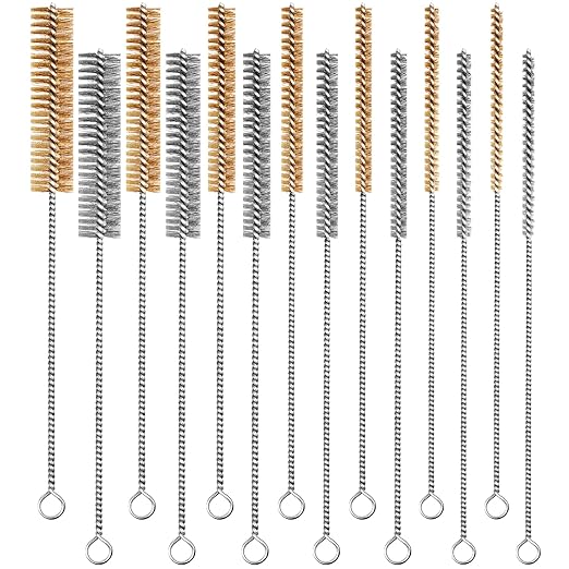 14-Pieces Brass Wire Brush Stainless Steel Tube Brush Set 12" Round Wire Brushes Kit Bore Brush Metal Bristle Cleaning for Pipe, Tube, Auto Parts, Engine (6mm/8mm/10mm/12mm/15mm/20mm/22mm)