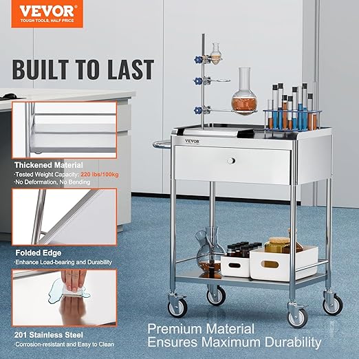 VEVOR Medical Cart, 2-Layer Stainless Steel Cart 220 lbs Weight Capacity, Lab Utility Cart with 360° Silent Wheels and a Drawer for Lab, Clinic, Kitchen, Salon, 141002
