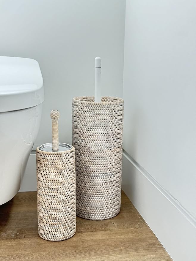 La Jolla Decorative Rattan Toilet Brush Set White Wash Handwoven Toilet Brush and Holder with Removable Cup & Lid Hygienic Odor-Free Design - 4.5" x 15.5" Size