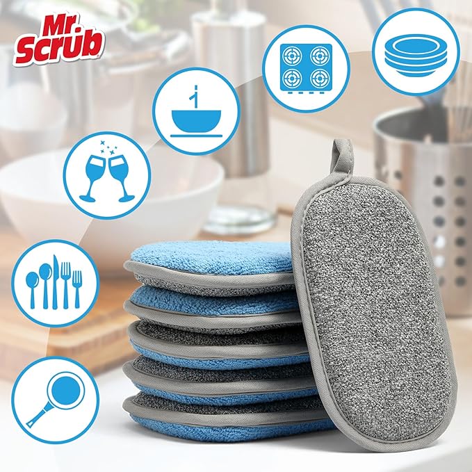 Sponges Kitchen Dish Sponge for Washing Dishes Cleaning Kitchen, All-Purpose, 6 Pack, Non Scratch, Rough Scrubbers Side for Non-Stick Cookware, Soft Microfiber Scrub Side for Dishes, Mr. Scrub