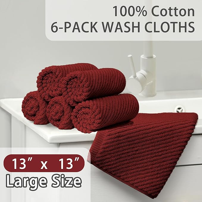 VOOVA & MOVAS Red Washcloths, 6PC 13"x13" - 100% Cotton | Quick Dry | Lightweight | Thick | Soft | Absorbent, Bath Hand Towels Set for Face & Body, Face Towels for Bathroom, Towel Gift Set, Burgundy