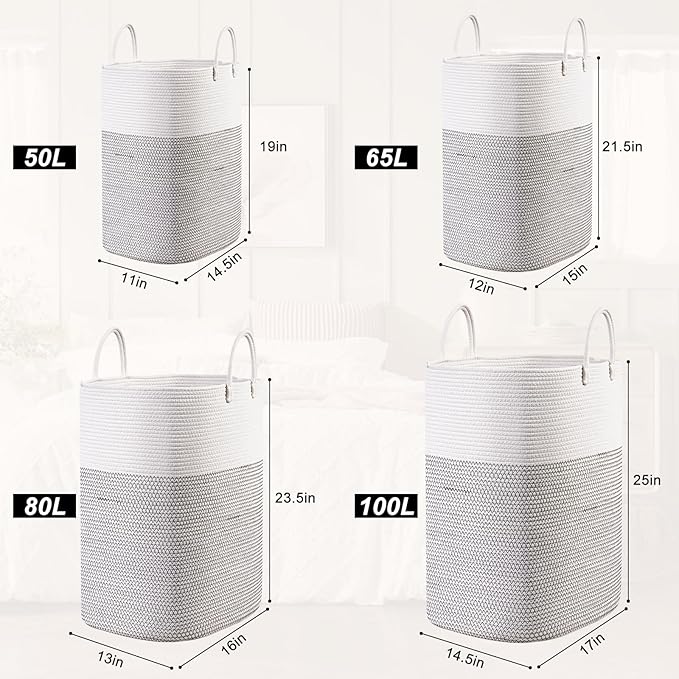 Woven Laundry Basket for Clothes, 80L Large Rectangle Laundry Hampers with Beads Tassel, Nursery Storage Basket for Toys, Tall Dirty Clothes Hamper for Bedroom Aesthetic, Laundry Room Organization