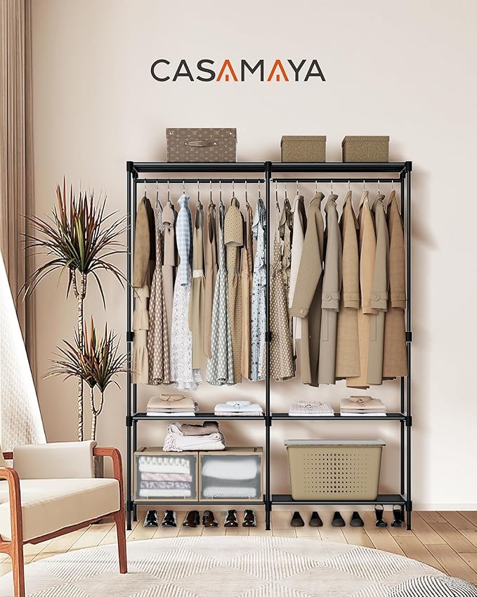 Clothes Rack, Portable Closet, 54.3 Inch Large Capacity Wardrobe Closet, Clothes Storage Organizer with Shelves and 2 Hanging Rods, Easy to Assembly, Black PCT002B01