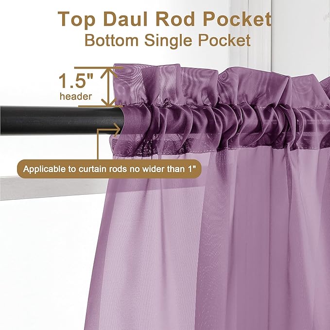 Chyhomenyc Plum Sheer Curtains 63 Inch Length 2 Panels, Rod Pocket Solid Window Sheer Curtain Panels, Elegant Curtains & Drapes for Living Room Bedroom 2 Panels (Plum, 42 W x 63 L)