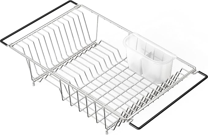 SIMPLE HOUSEWARE Large Over Sink Counter Top Stainless Steel Dish Drainer Drying Rack with Utensil Holder, Chrome