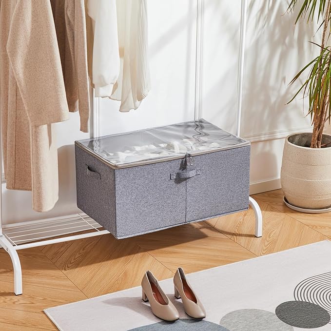 Shoe Storage Organizer for Closet, Shoe Box Organizer, Space Saving Foldable Shoe Rack, Shoe Storage Cabinet with Clear Cover and Reinforced Handles, Fits 20 Pairs, Grey